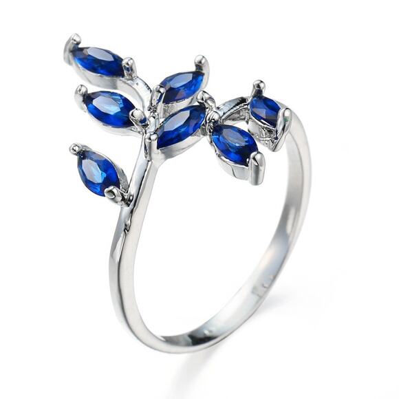 Blue leaf bypass RING - Silver - CZs - size 6 - Picture 2 of 5